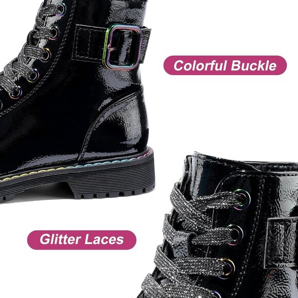 Girls Ankle Boots Patent-Black Glitter Combat Zipper Lace Up Winter Dress Boots - Picture 3 of 6